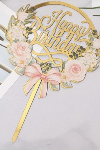 Torten Topper - Happy Birthday - Gold Rosen